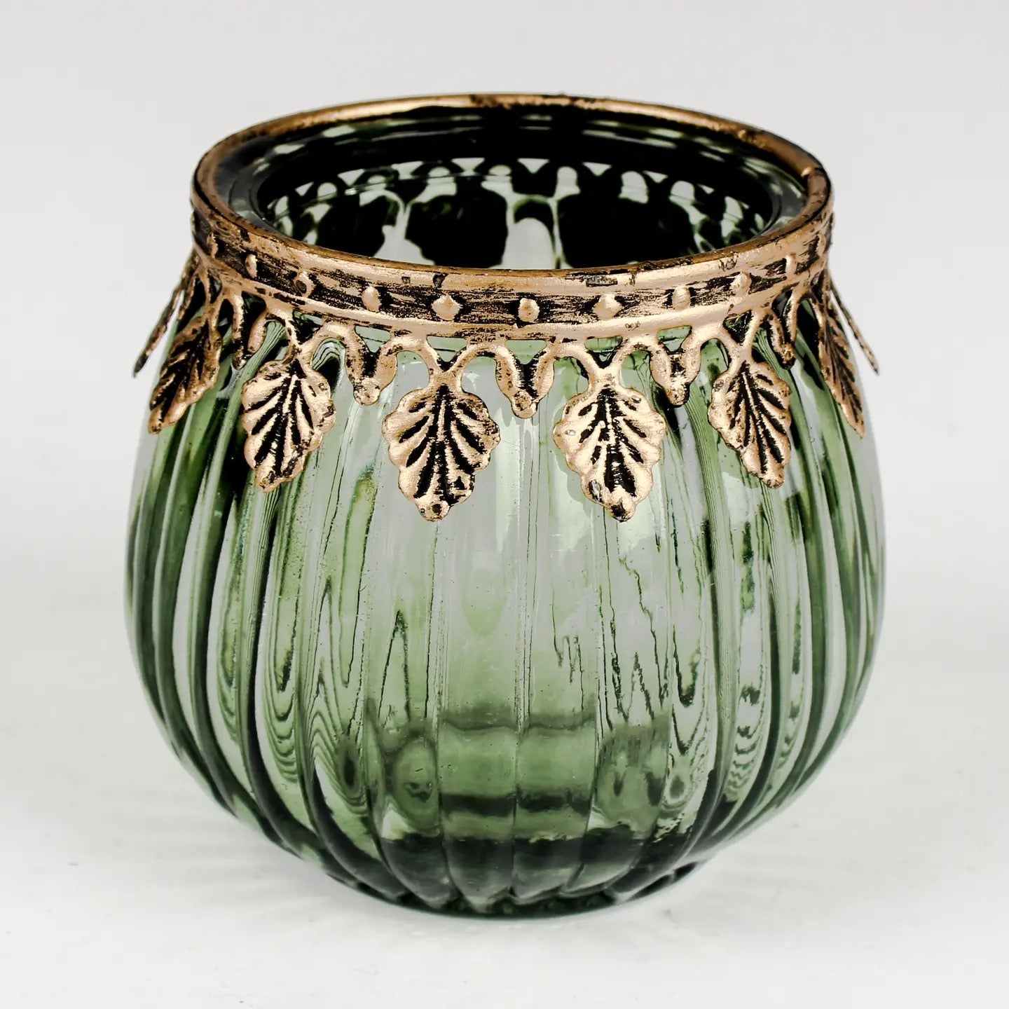 Tea Light Candle Holder Green Witch Style with Leaf Edge