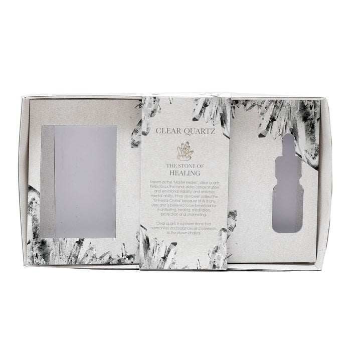 CLEAR QUARTZ CRYSTALS ON GLASS TRAY WITH FRAGRANCE OIL