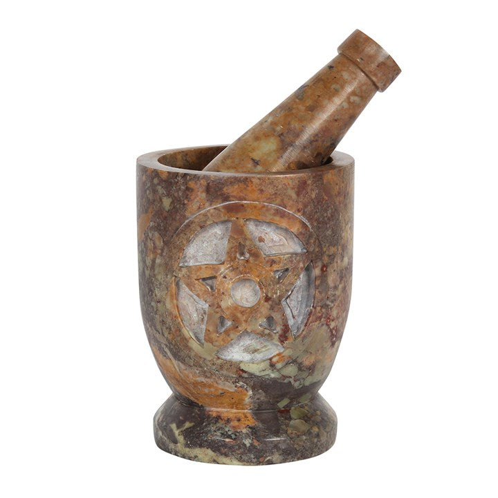 STONE PENTAGRAM MORTAR AND PESTLE