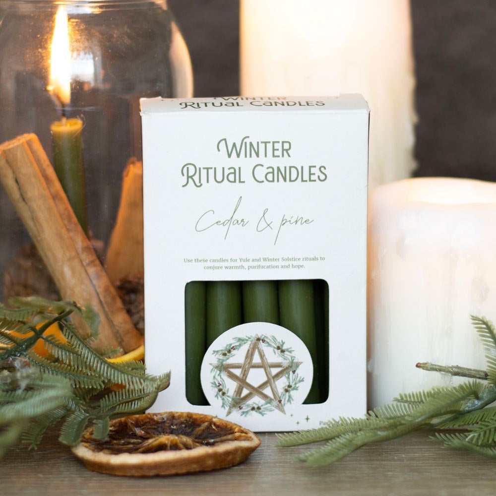 Winter Rituals Spell Candles - 12 Cedar & Pine Green Candles
