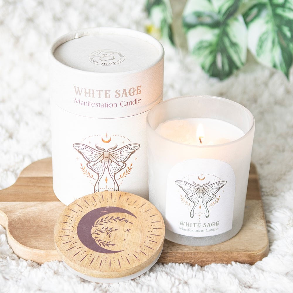 Luna Moth Manifestation Candle with Clear quartz Crystal Chips