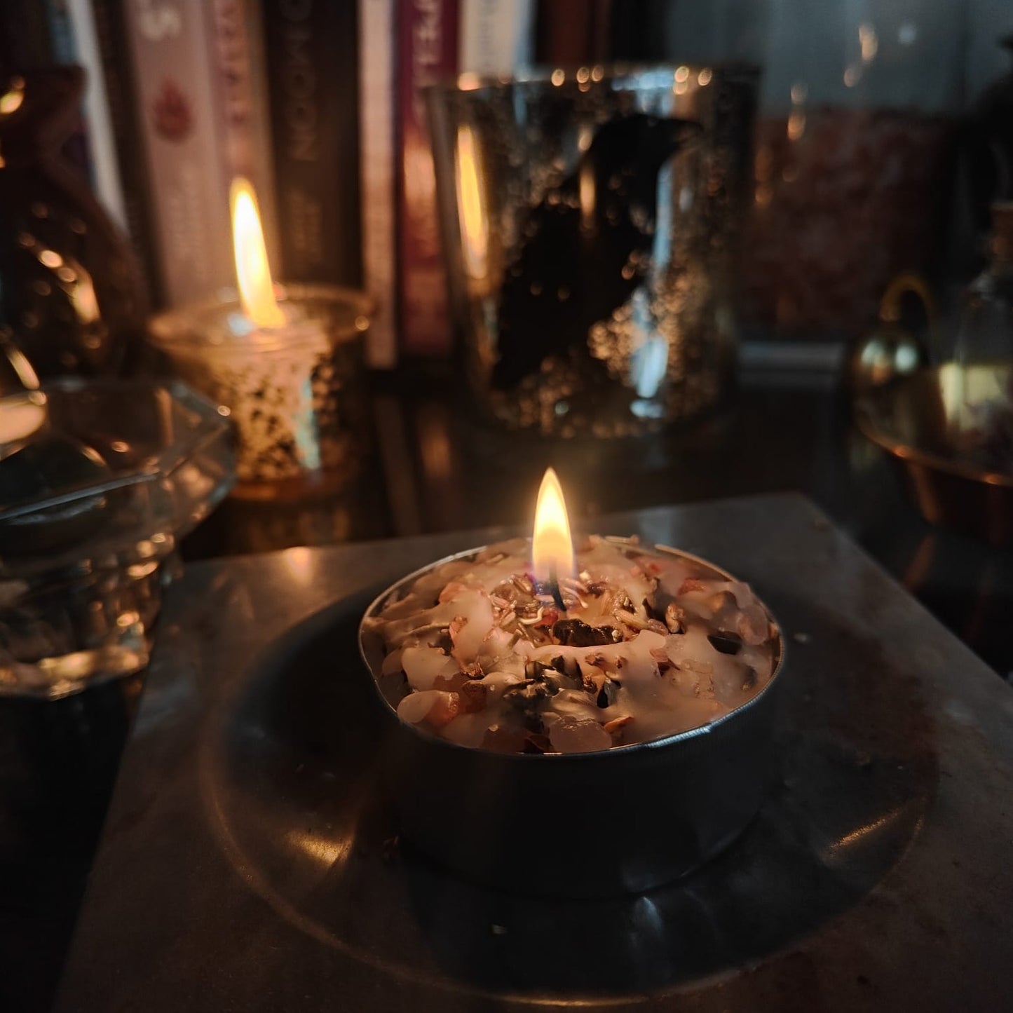 Abundance & Prosperity Dressed Candle Tealight a beautiful tea-light dressed with dried herbs, dried flowers and crystal chips