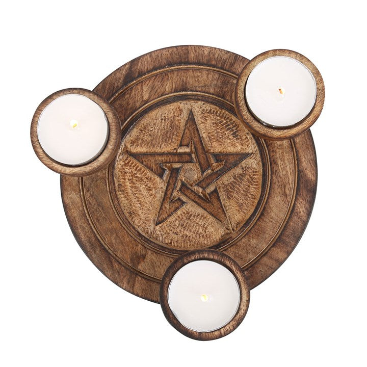 Wooden Tealight Candle Holder featuring a pentagram design