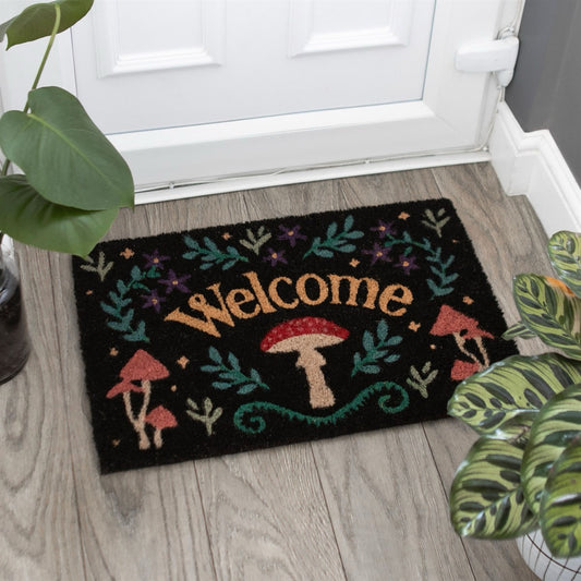 Mushroom / Toadstool Door Mat 'Welcome' on black