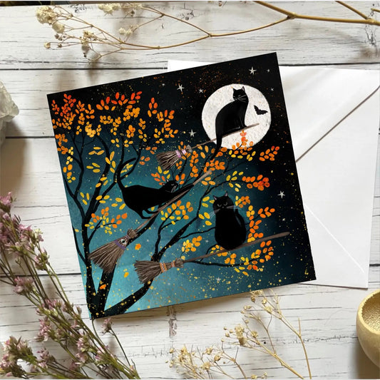 Witchy Cats Greetings Card - Cats with brooms birthday card