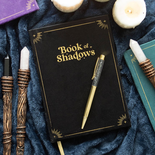 Book Of Shadows Notebook with Black Obsidian Crystal Chip Pen