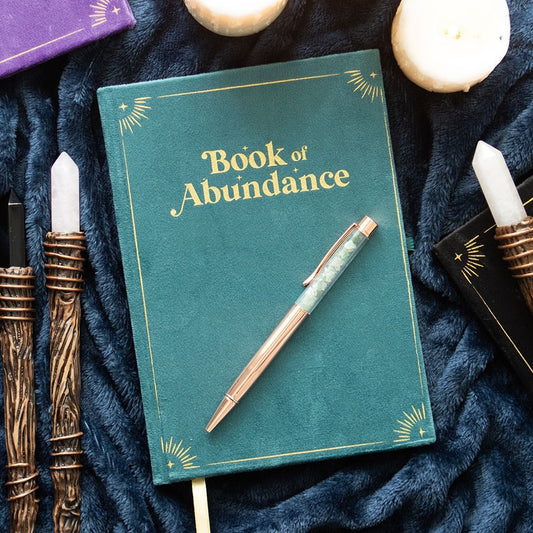 Book Of Abundance Notebook with Green Aventurine Crystal Chip Pen