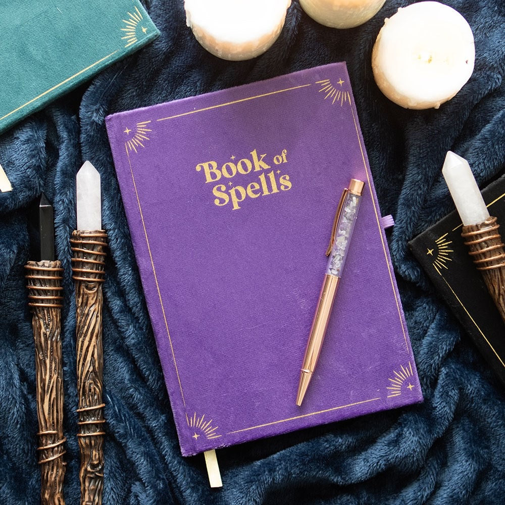 Book of spells notebook with amethyst crystal chip pen