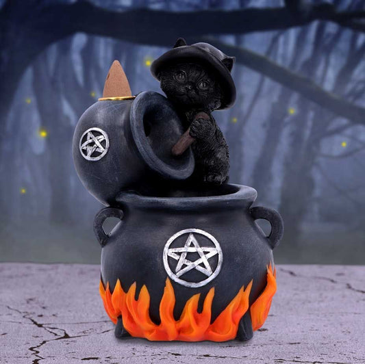 Cat on cauldron back flow incense cone holder (18cm)