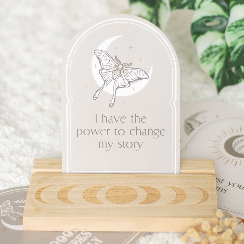 Luna Moth Affirmation Cards with moon phase card display holder