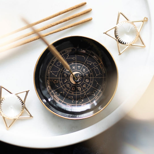 Astrology Wheel Incense Holder - Black & Gold